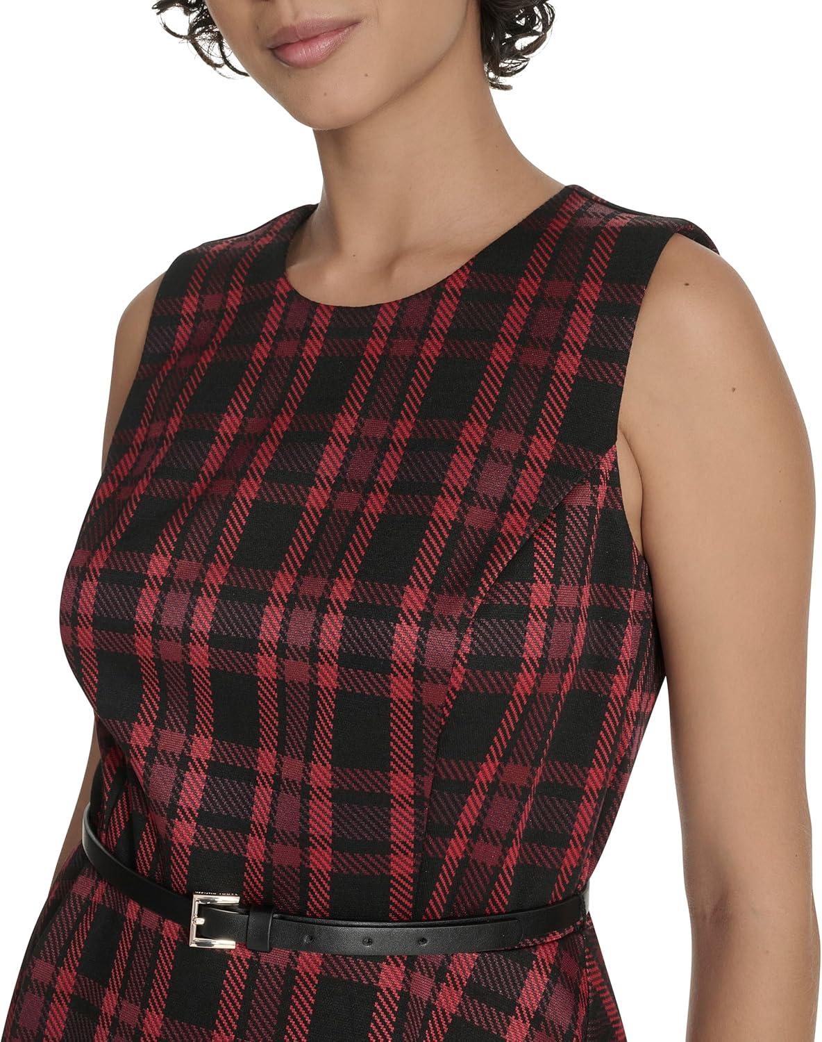 imageTommy Hilfiger Womens Sleeveless Crew Neck Pinwheel Knit Belted Fit and Flare DressScarlet Multi