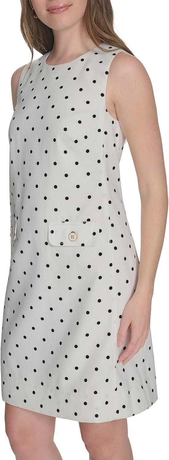 imageTommy Hilfiger Womens Sleeveless Crew Neck Two Hip Pockets Hopsack Shift Mini DressIvoryBlack