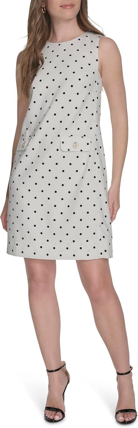 imageTommy Hilfiger Womens Sleeveless Crew Neck Two Hip Pockets Hopsack Shift Mini DressIvoryBlack