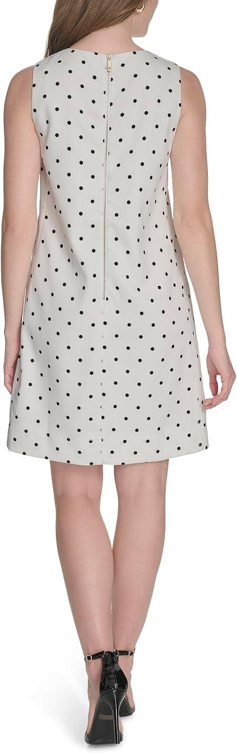 imageTommy Hilfiger Womens Sleeveless Crew Neck Two Hip Pockets Hopsack Shift Mini DressIvoryBlack