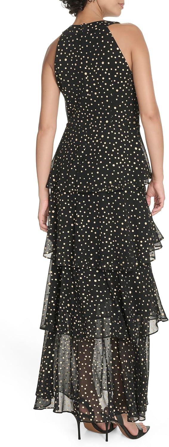 imageTommy Hilfiger Womens Sleeveless Floral Halter Neck Tiered Skirt Maxi DressBlackGold