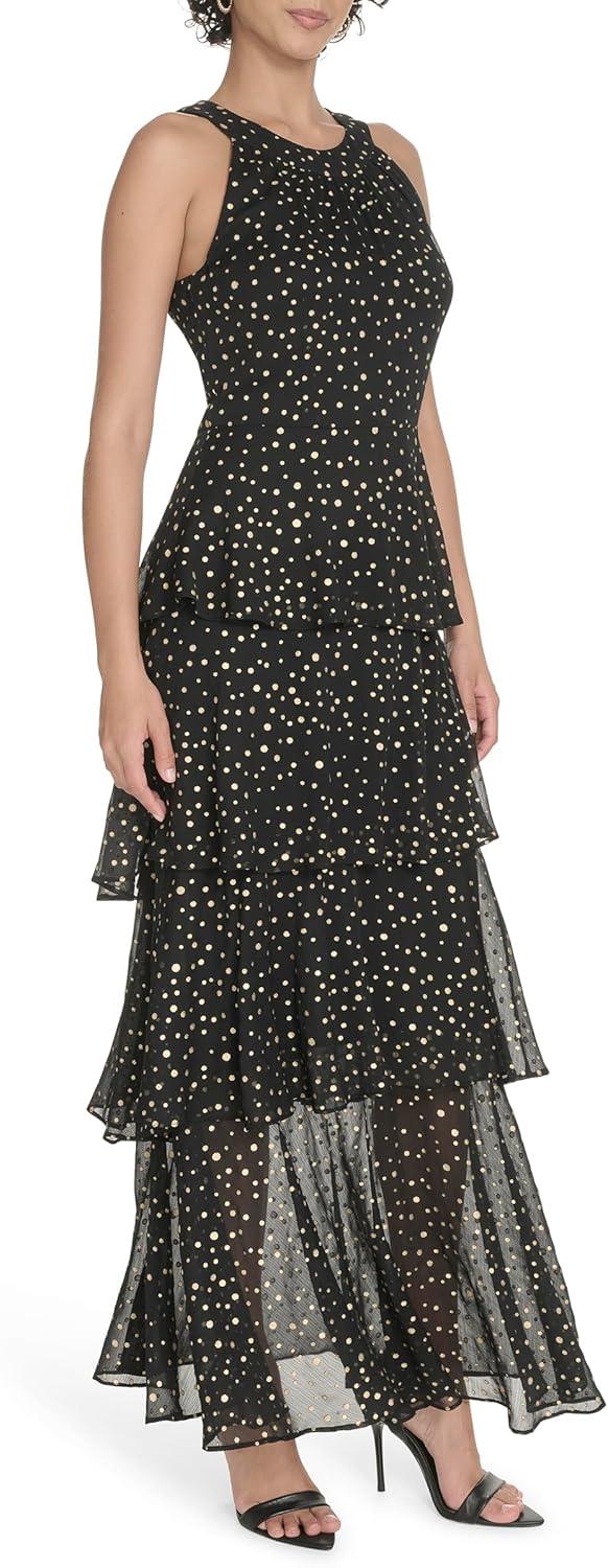 imageTommy Hilfiger Womens Sleeveless Floral Halter Neck Tiered Skirt Maxi DressBlackGold