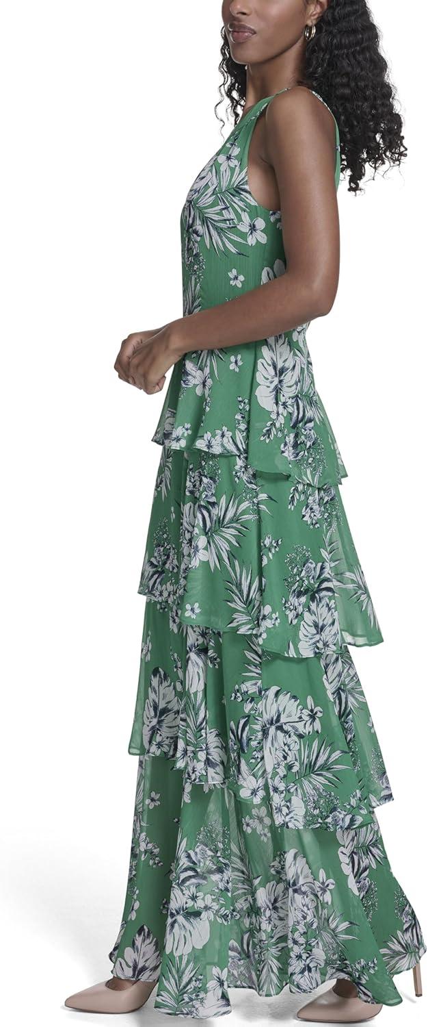 imageTommy Hilfiger Womens Sleeveless Floral Halter Neck Tiered Skirt Maxi DressJolly Green Multi