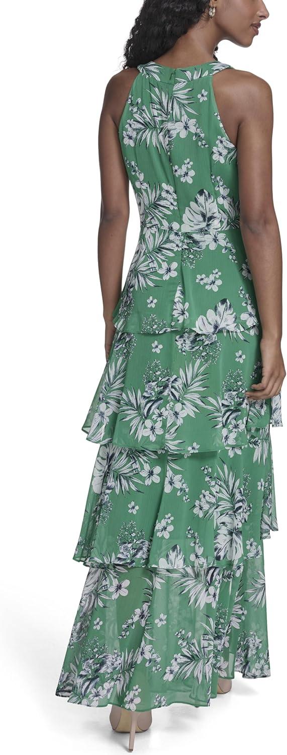 imageTommy Hilfiger Womens Sleeveless Floral Halter Neck Tiered Skirt Maxi DressJolly Green Multi