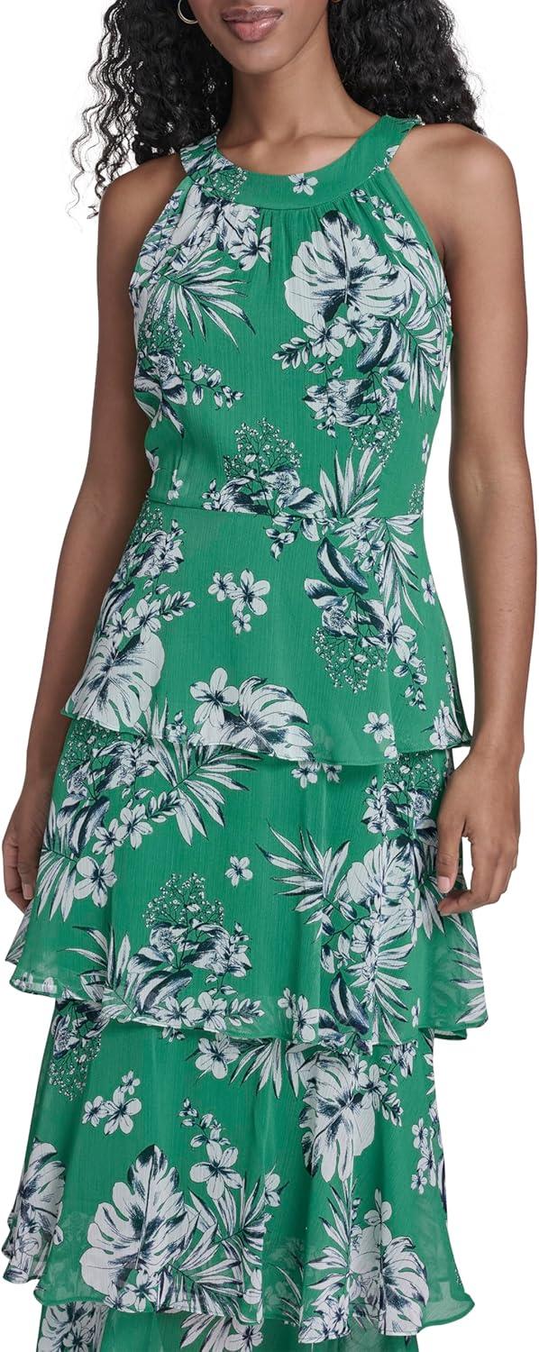 imageTommy Hilfiger Womens Sleeveless Floral Halter Neck Tiered Skirt Maxi DressJolly Green Multi