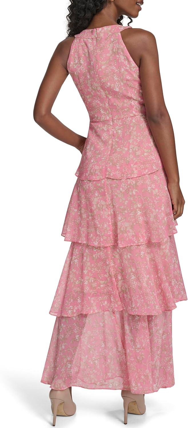 imageTommy Hilfiger Womens Sleeveless Floral Halter Neck Tiered Skirt Maxi DressPeony Combo