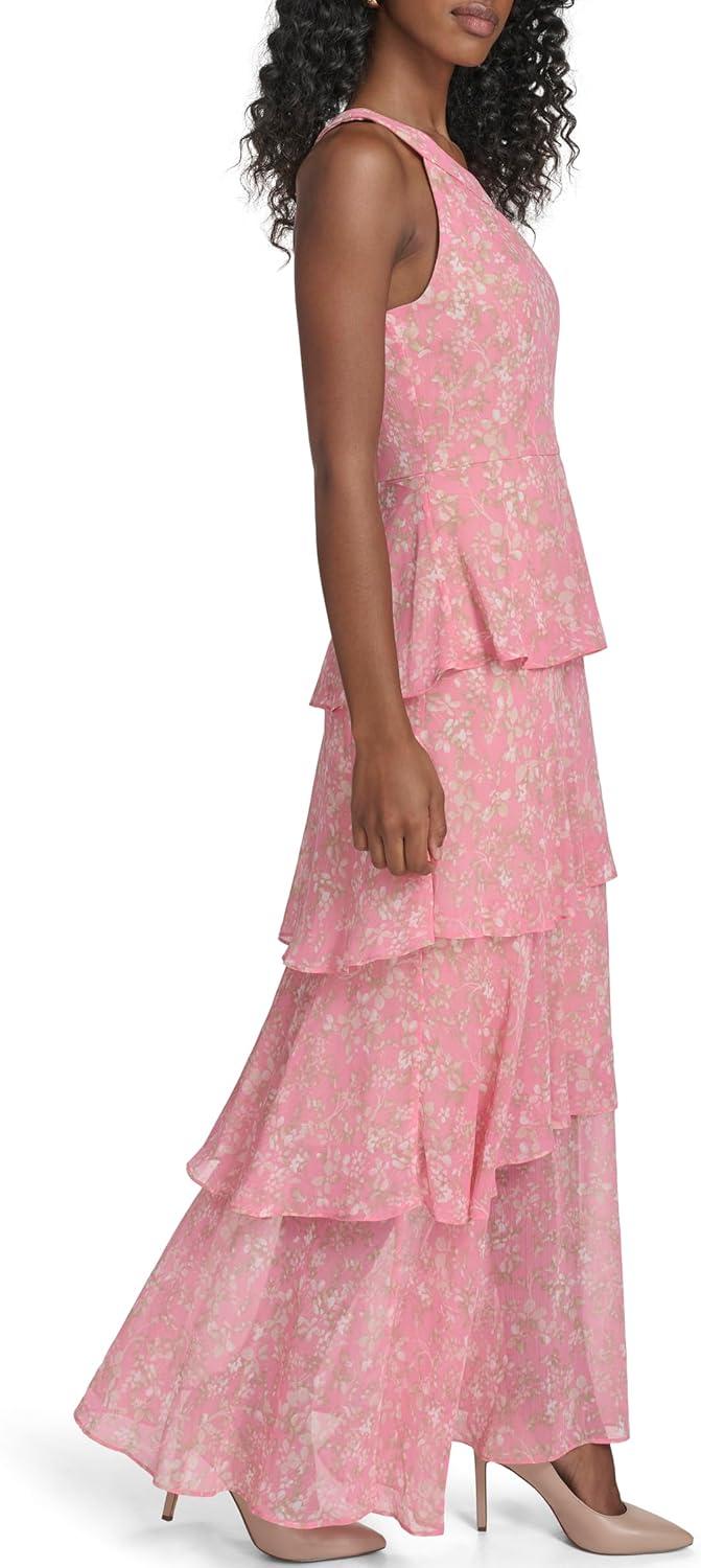imageTommy Hilfiger Womens Sleeveless Floral Halter Neck Tiered Skirt Maxi DressPeony Combo