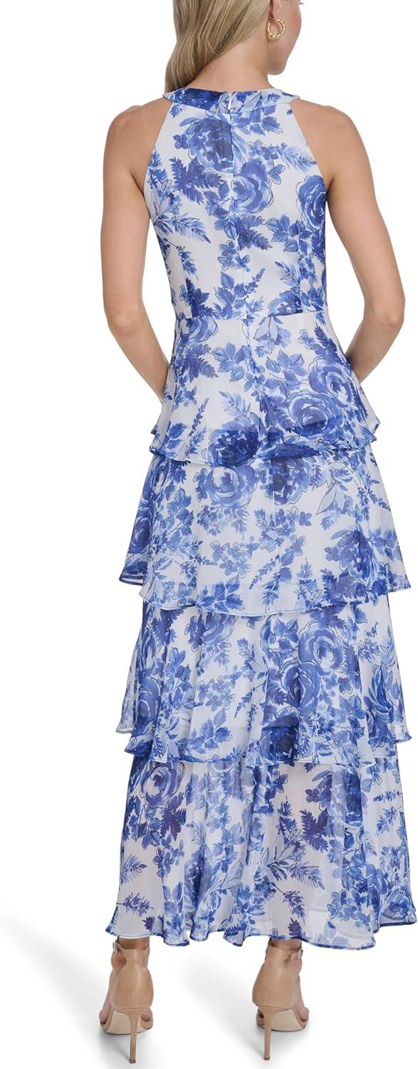 imageTommy Hilfiger Womens Sleeveless Floral Halter Neck Tiered Skirt Maxi DressProvence Blue Multi