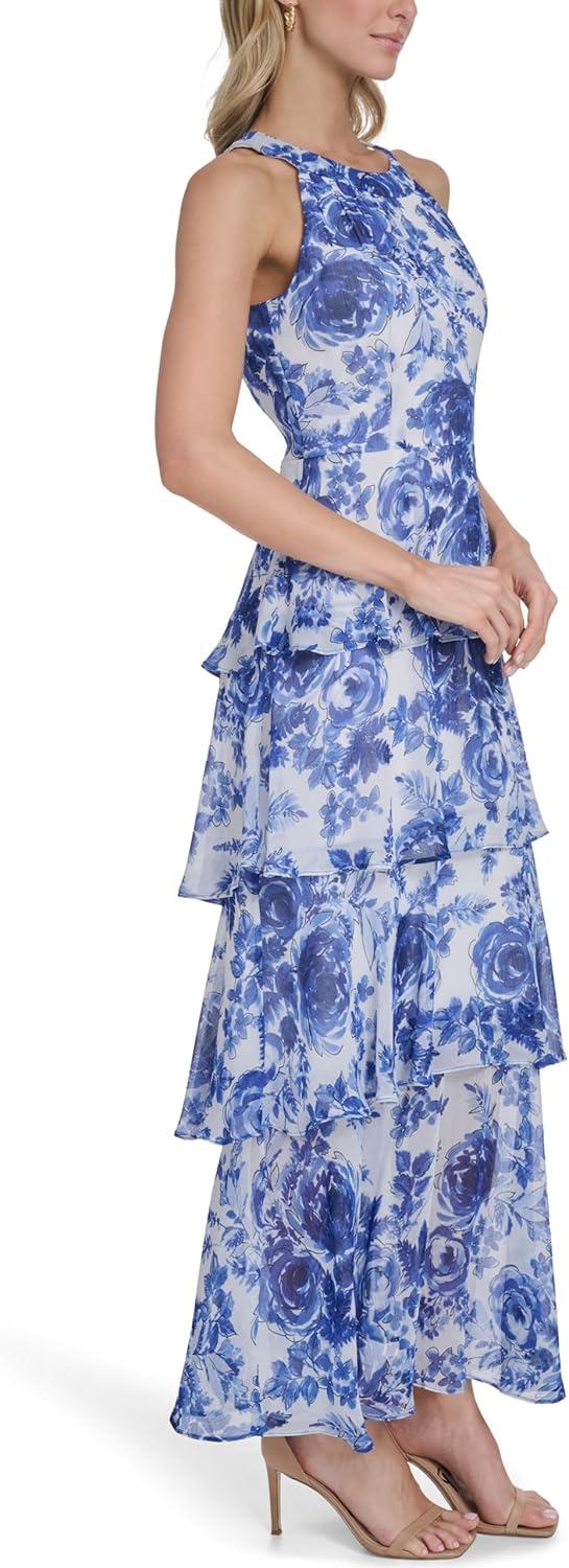 imageTommy Hilfiger Womens Sleeveless Floral Halter Neck Tiered Skirt Maxi DressProvence Blue Multi