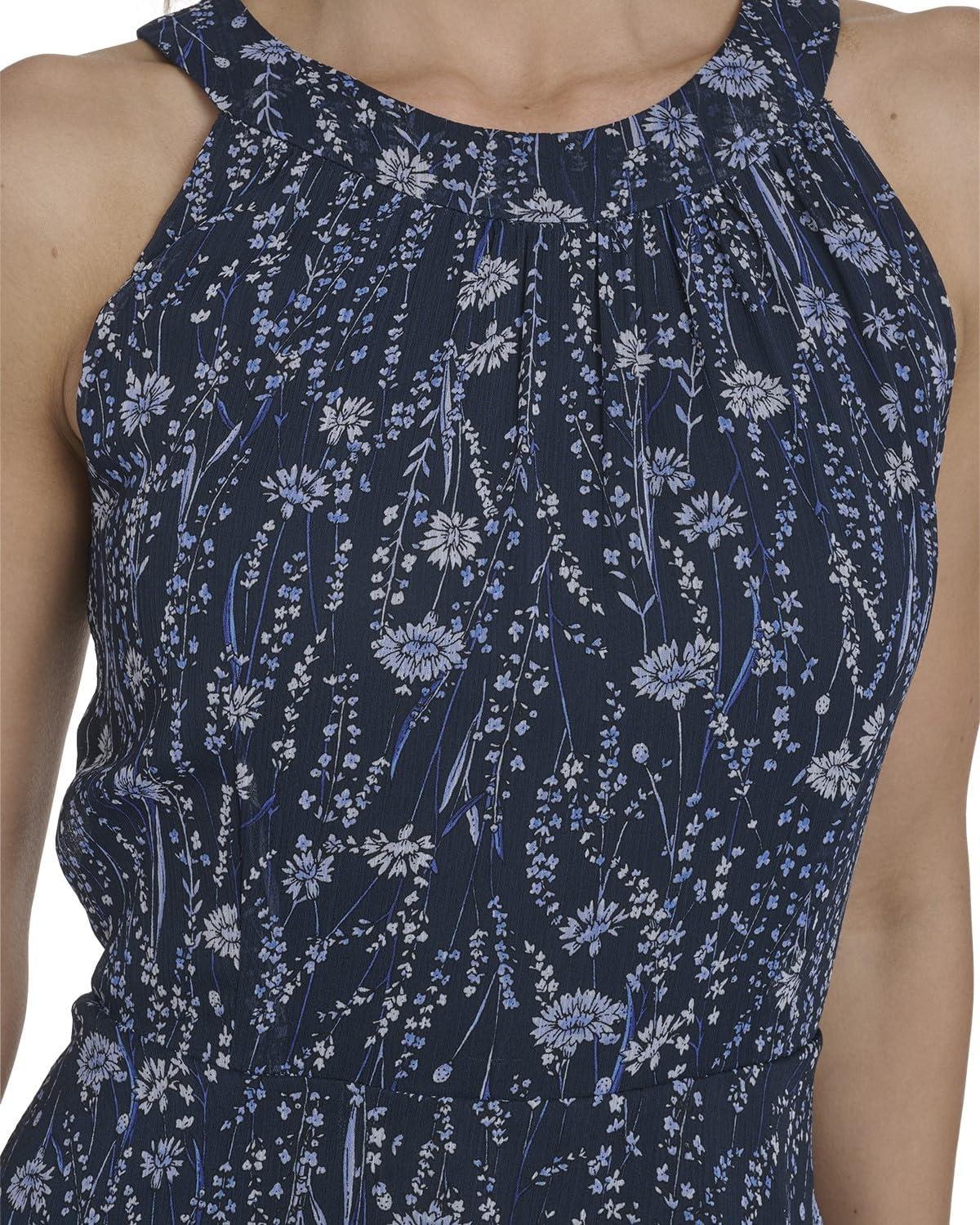 imageTommy Hilfiger Womens Sleeveless Floral Halter Neck Tiered Skirt Maxi DressSky Captain Combo