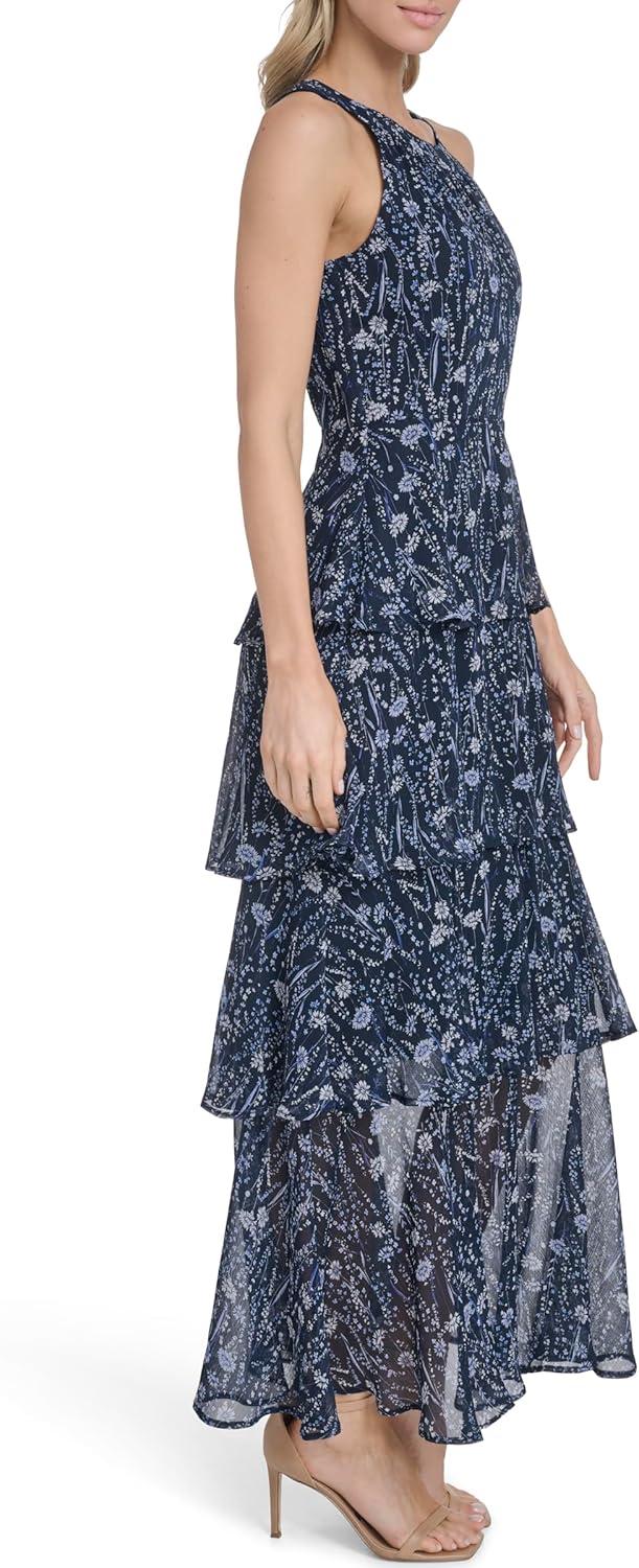 imageTommy Hilfiger Womens Sleeveless Floral Halter Neck Tiered Skirt Maxi DressSky Captain Combo