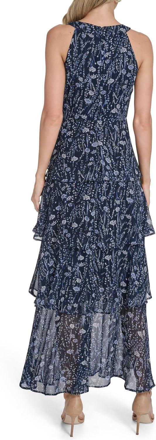 imageTommy Hilfiger Womens Sleeveless Floral Halter Neck Tiered Skirt Maxi DressSky Captain Combo