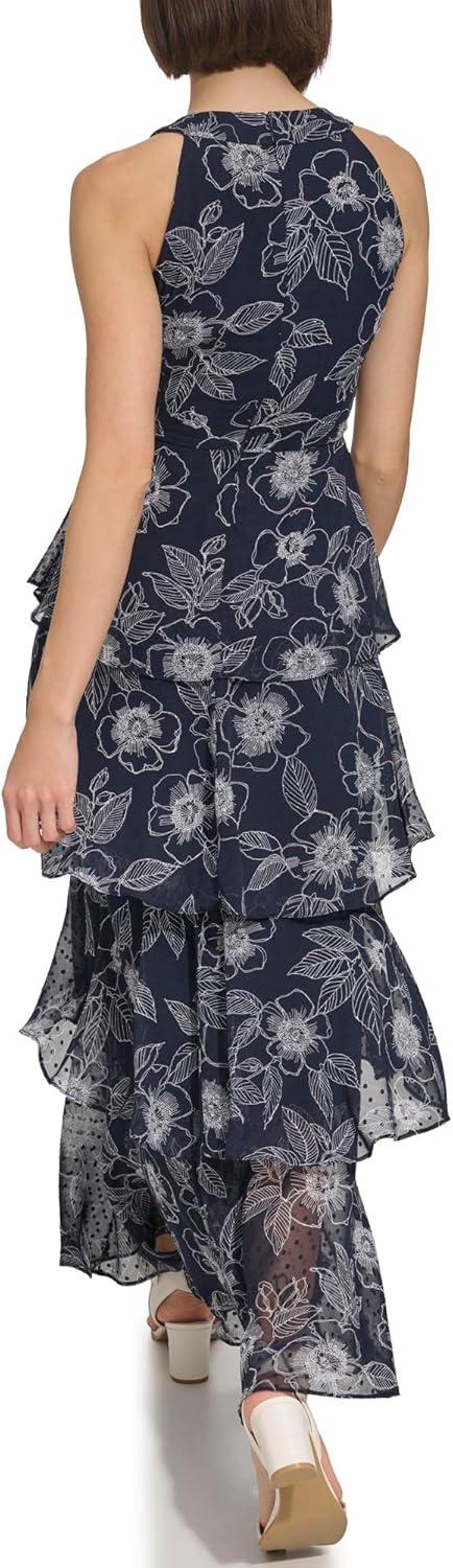 imageTommy Hilfiger Womens Sleeveless Floral Halter Neck Tiered Skirt Maxi DressSky CaptainIvory White