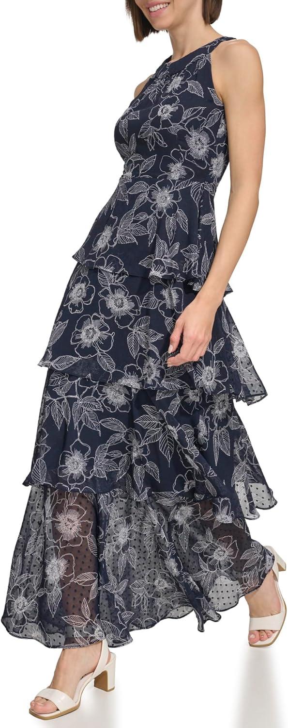 imageTommy Hilfiger Womens Sleeveless Floral Halter Neck Tiered Skirt Maxi DressSky CaptainIvory White