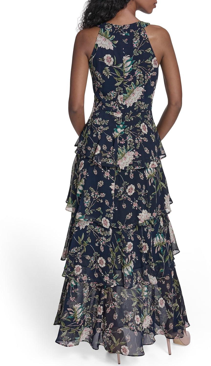 imageTommy Hilfiger Womens Sleeveless Floral Halter Neck Tiered Skirt Maxi DressSky CaptainMulti