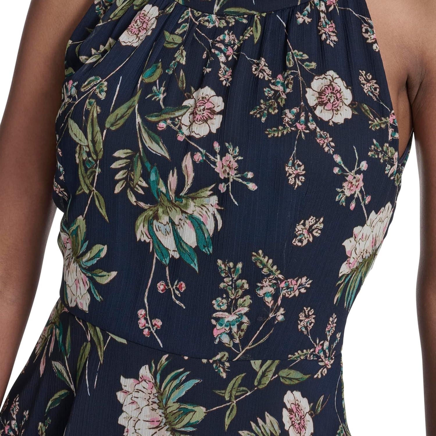 imageTommy Hilfiger Womens Sleeveless Floral Halter Neck Tiered Skirt Maxi DressSky CaptainMulti