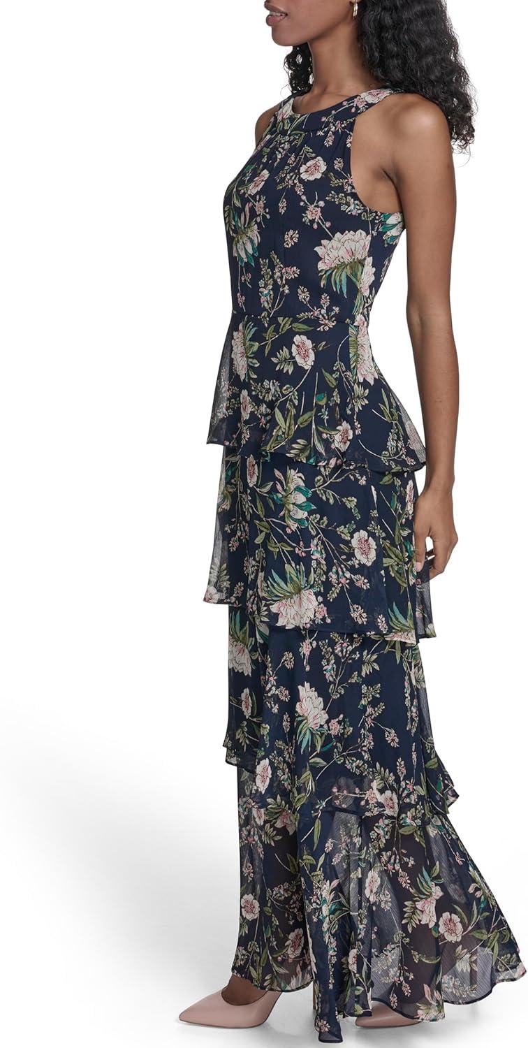 imageTommy Hilfiger Womens Sleeveless Floral Halter Neck Tiered Skirt Maxi DressSky CaptainMulti