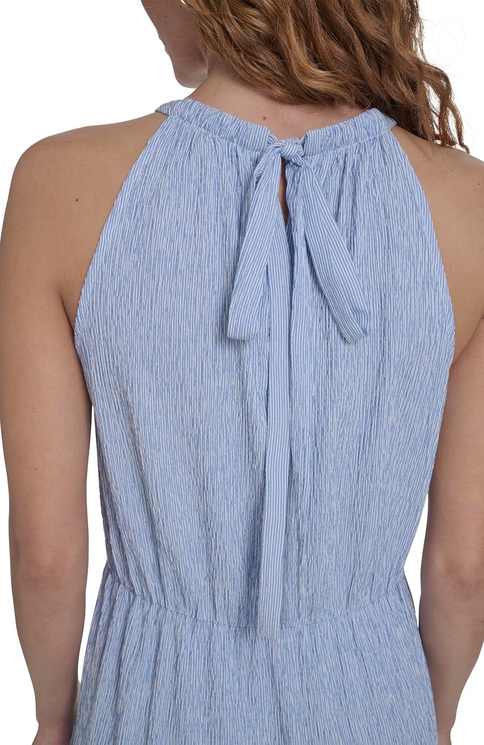 imageTommy Hilfiger Womens Sleeveless Halter Neck Seersucker Tiered Skirt Maxi DressFrench Blue Bright White