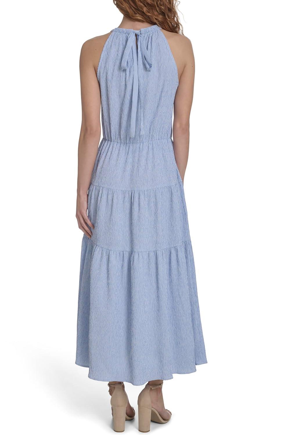 imageTommy Hilfiger Womens Sleeveless Halter Neck Seersucker Tiered Skirt Maxi DressFrench Blue Bright White