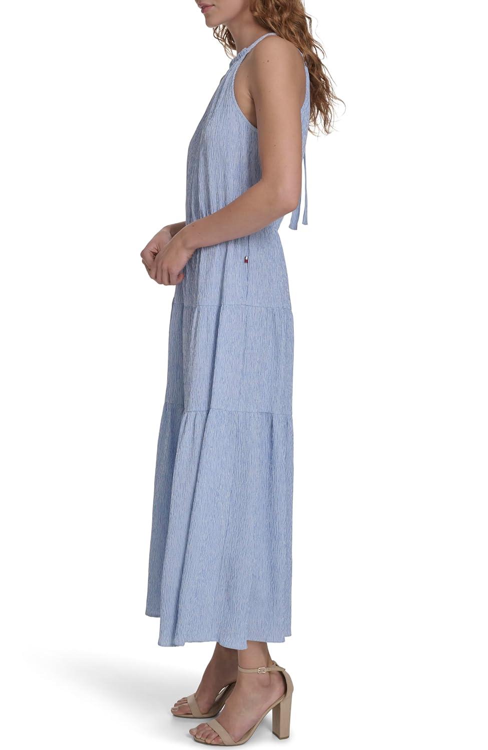 imageTommy Hilfiger Womens Sleeveless Halter Neck Seersucker Tiered Skirt Maxi DressFrench Blue Bright White