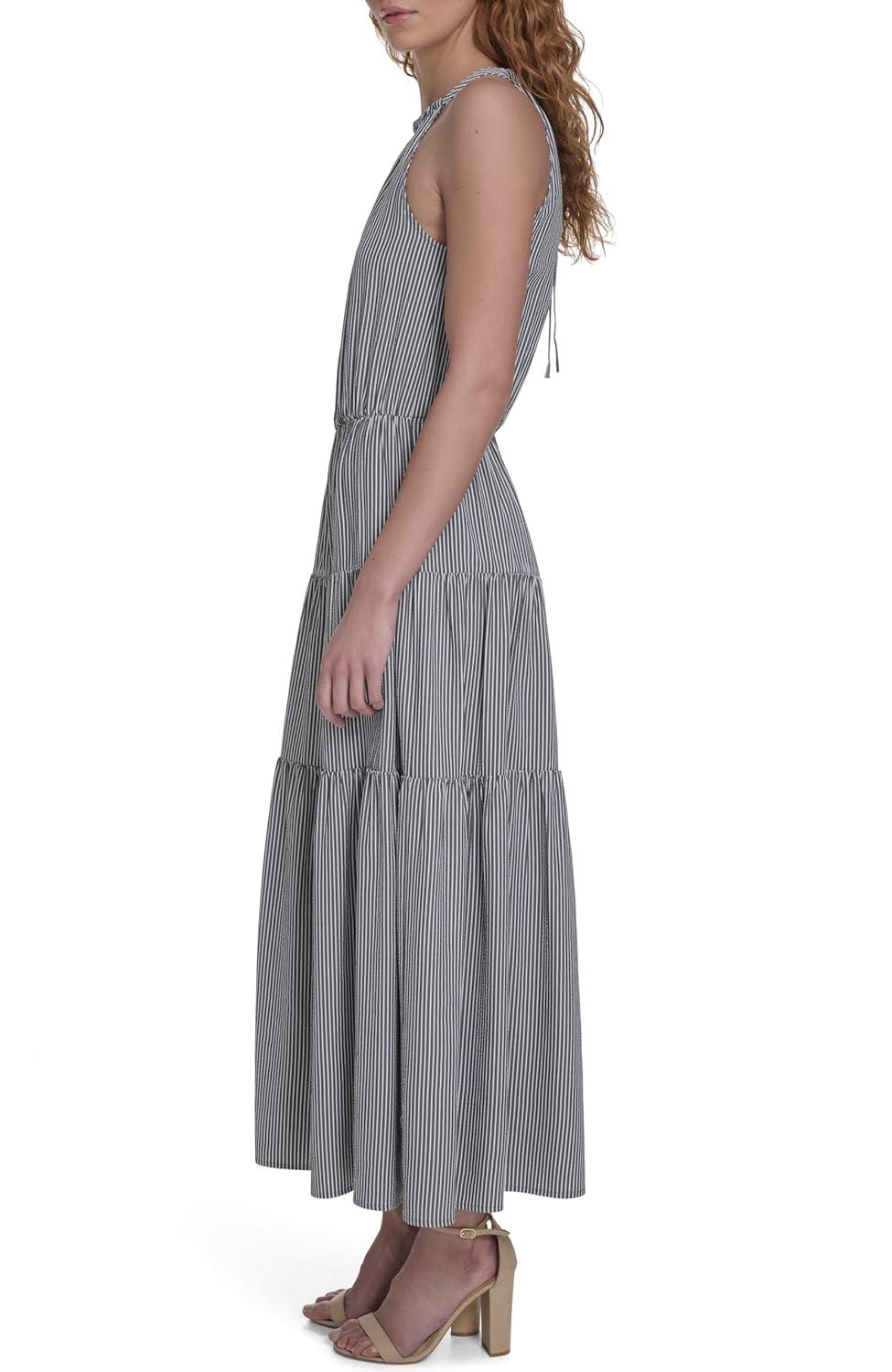 imageTommy Hilfiger Womens Sleeveless Halter Neck Seersucker Tiered Skirt Maxi DressSky Captain Bright White