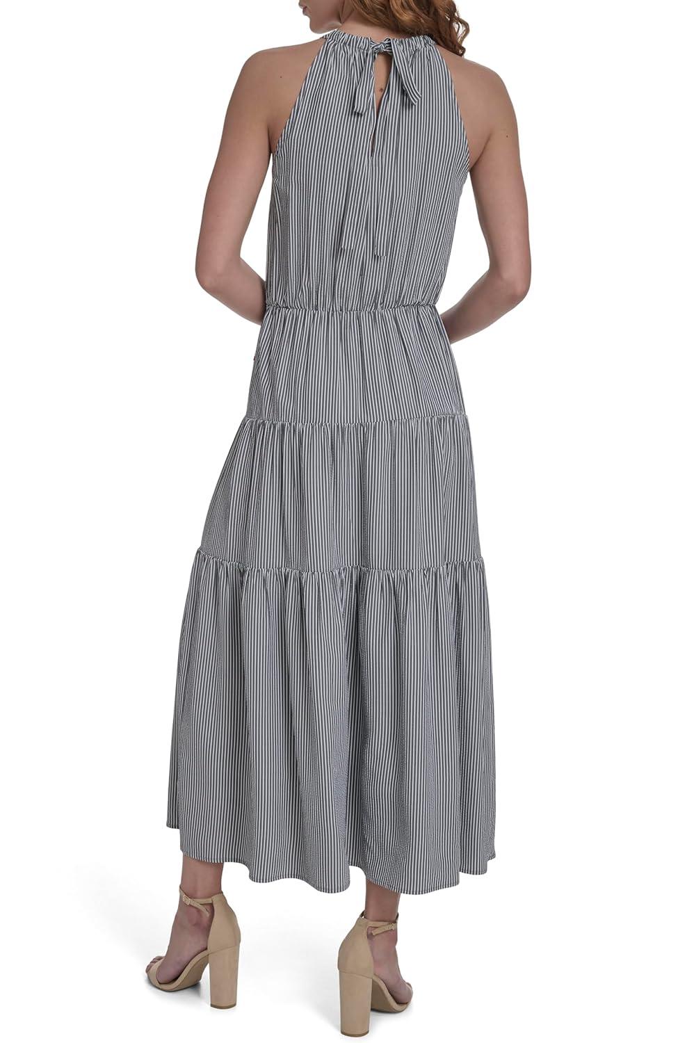 imageTommy Hilfiger Womens Sleeveless Halter Neck Seersucker Tiered Skirt Maxi DressSky Captain Bright White