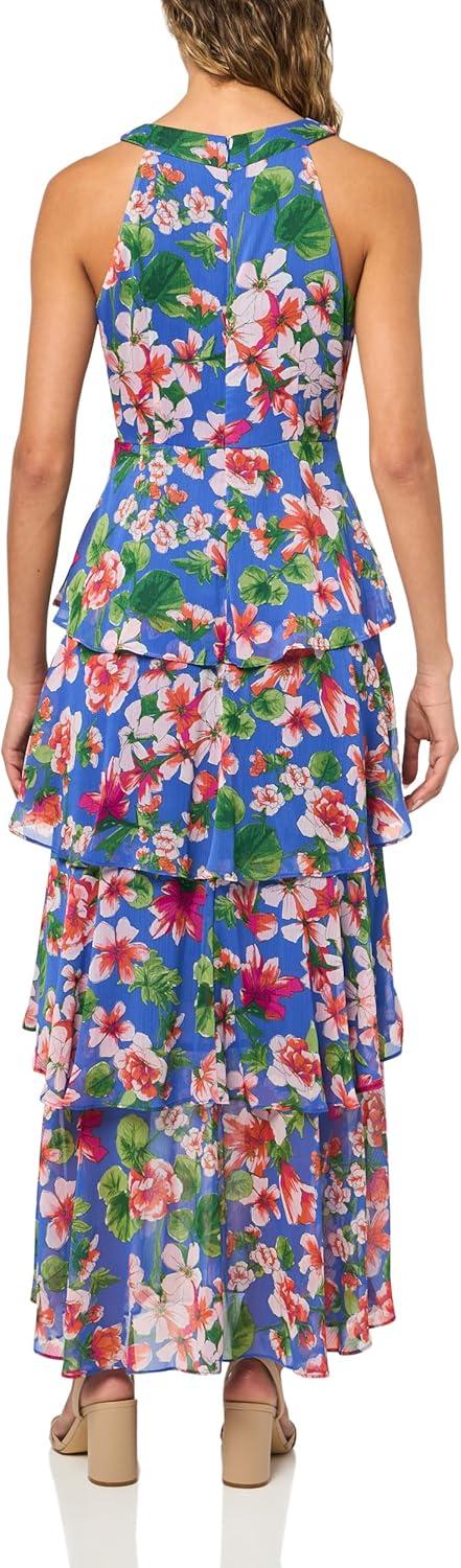 imageTommy Hilfiger Womens Sleeveless Halter Neck Tiered Skirt Maxi DressDeep Ultramarine Multi