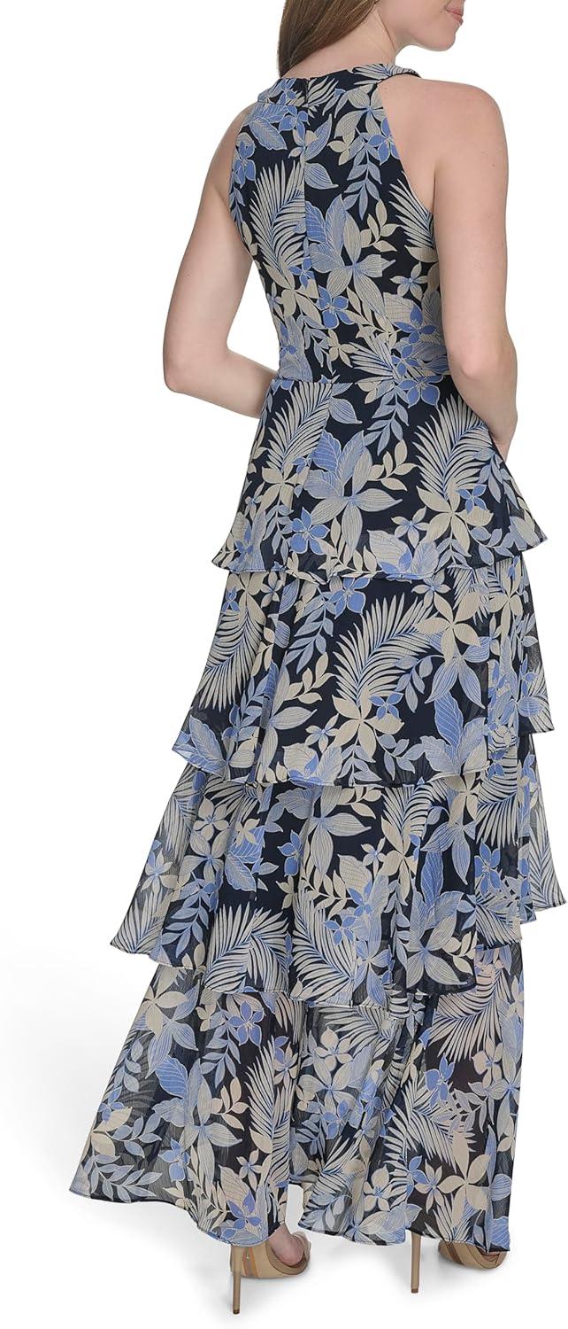 imageTommy Hilfiger Womens Sleeveless Halter Neck Tiered Skirt Maxi DressFrench Blue Multi