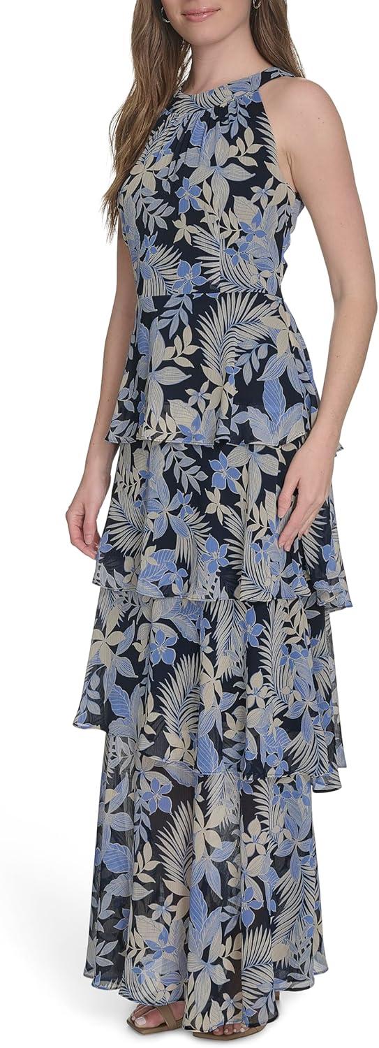 imageTommy Hilfiger Womens Sleeveless Halter Neck Tiered Skirt Maxi DressFrench Blue Multi