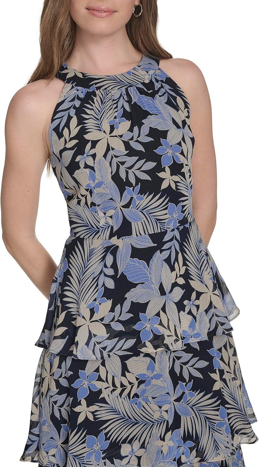 imageTommy Hilfiger Womens Sleeveless Halter Neck Tiered Skirt Maxi DressFrench Blue Multi