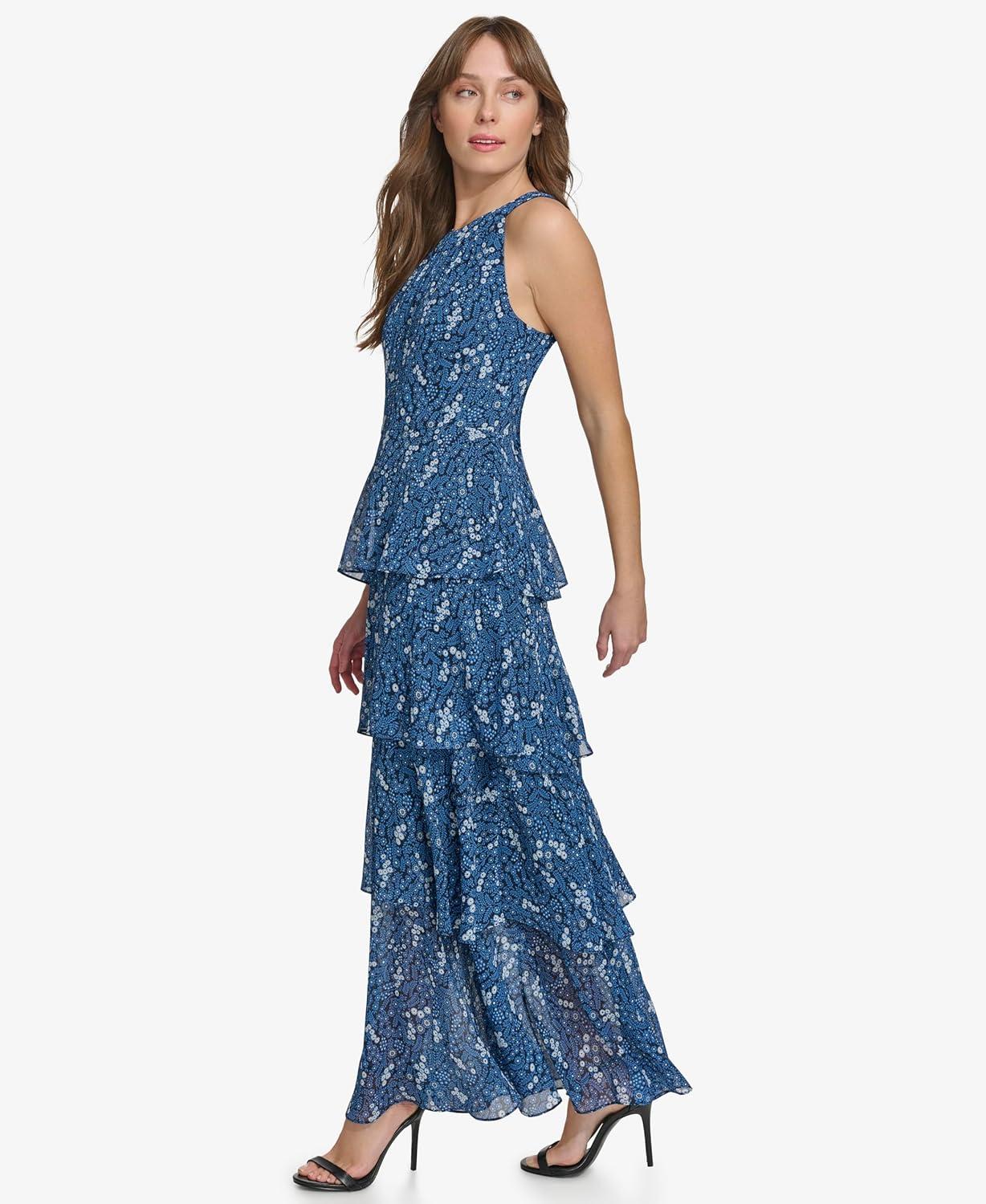 imageTommy Hilfiger Womens Sleeveless Halter Neck Tiered Skirt Maxi DressSky CaptainBlue