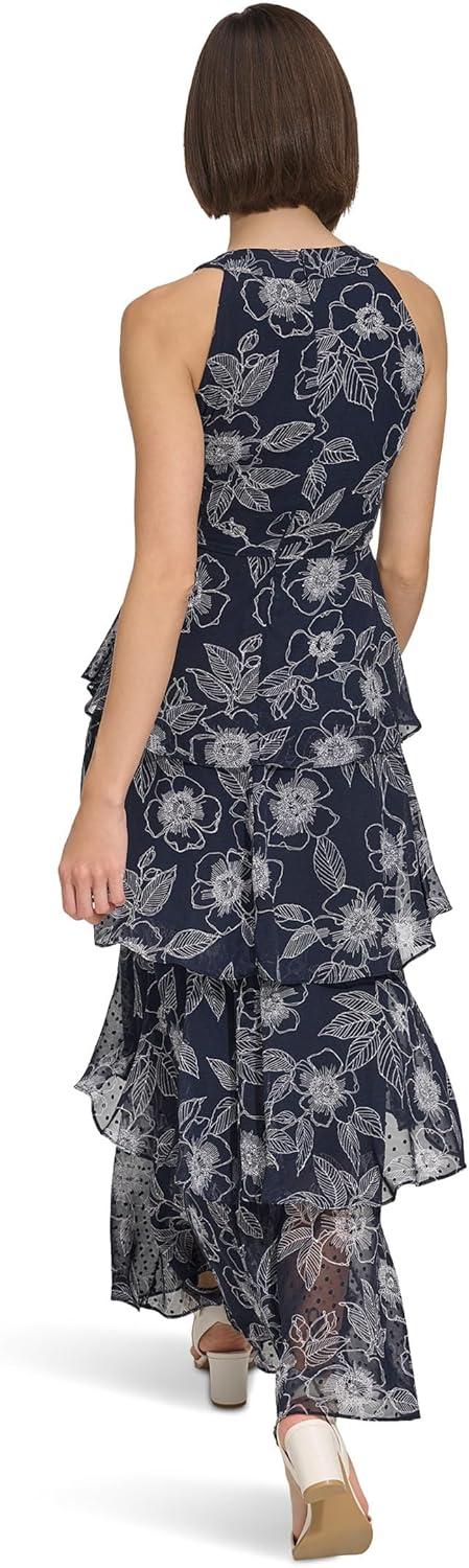 imageTommy Hilfiger Womens Sleeveless Halter Neck Tiered Skirt Maxi DressSky CaptainIvory White
