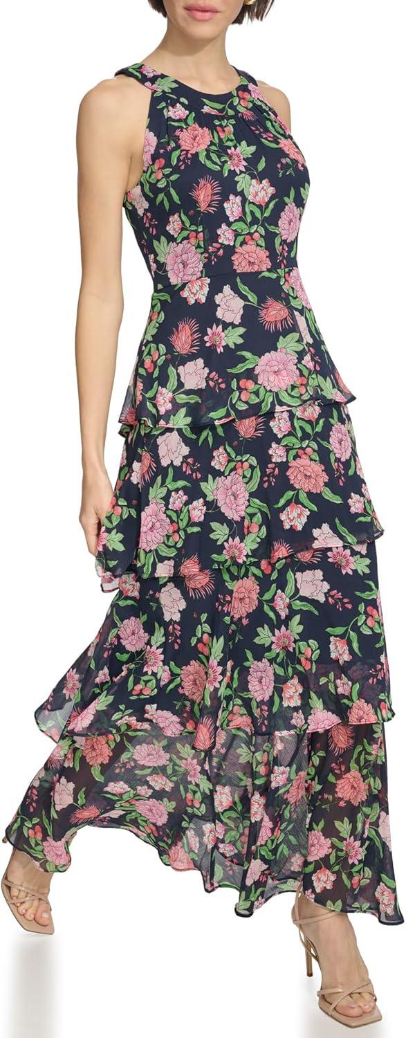 imageTommy Hilfiger Womens Sleeveless Halter Neck Tiered Skirt Maxi DressSky CaptainPeony