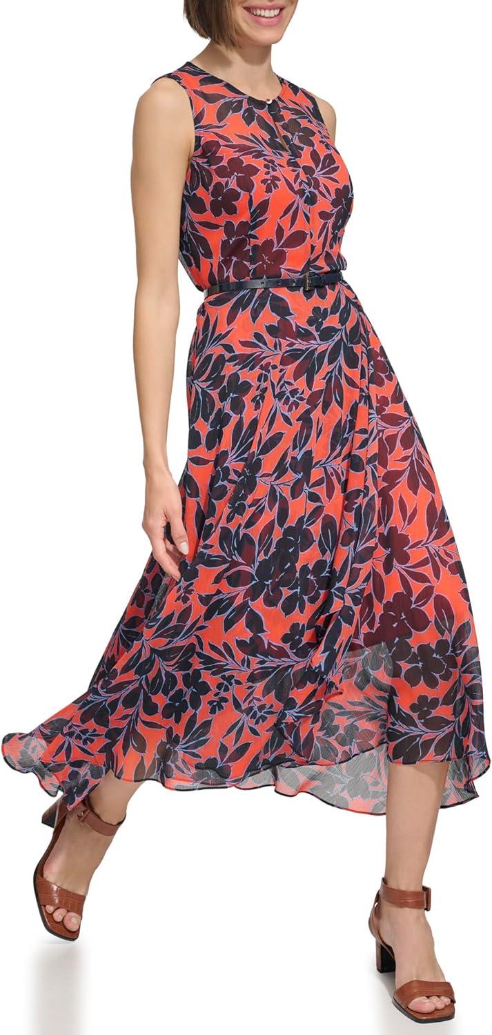 imageTommy Hilfiger Womens Sleeveless High Neck Chiffon Hi Lo Midi DressGrenadine Multi