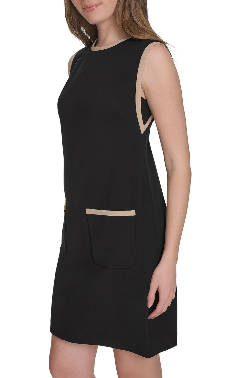 imageTommy Hilfiger Womens Sleeveless Jewel Neck Colorblock Pocket Mini Shift DressBlack Sand