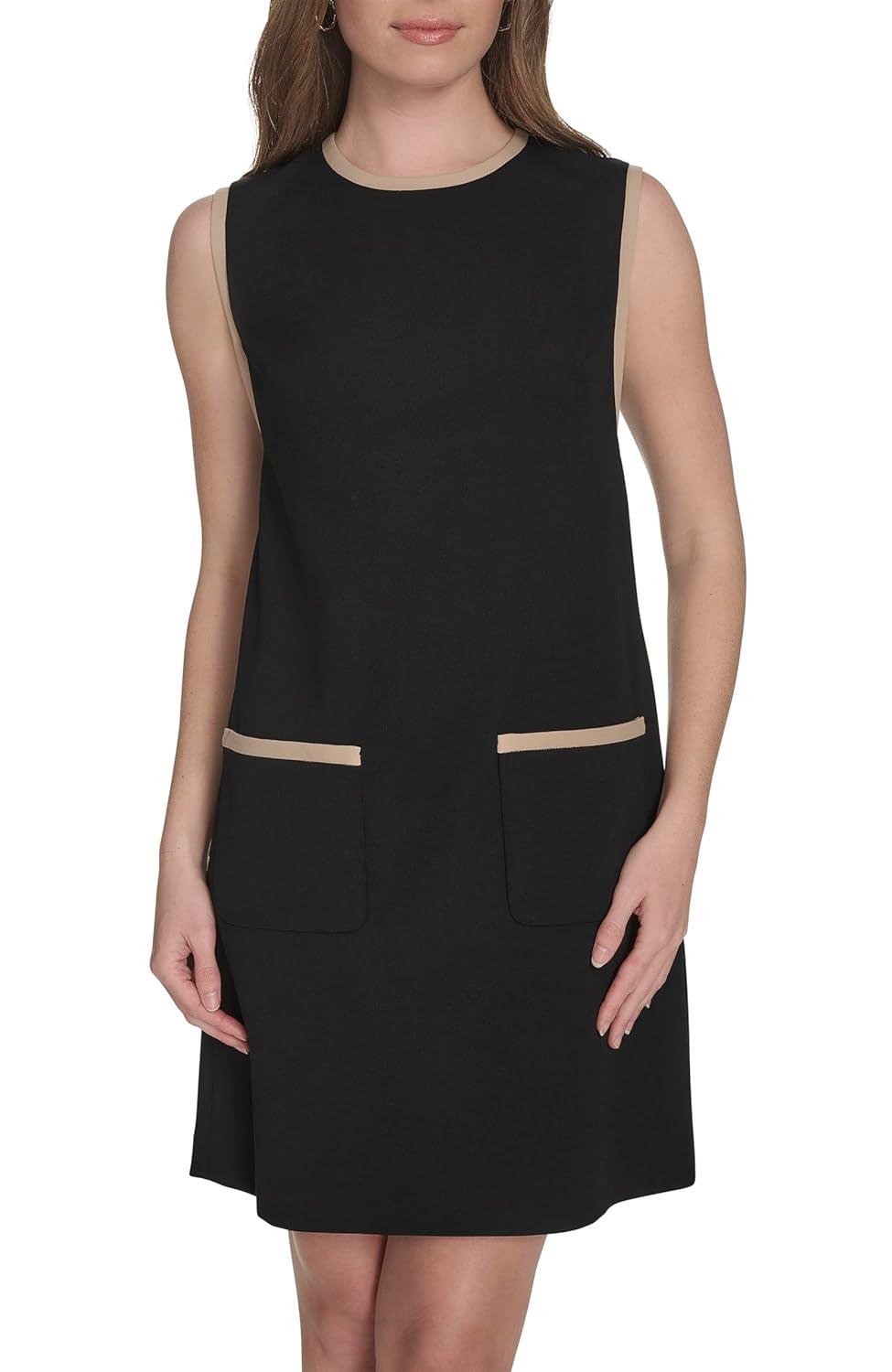 imageTommy Hilfiger Womens Sleeveless Jewel Neck Colorblock Pocket Mini Shift DressBlack Sand