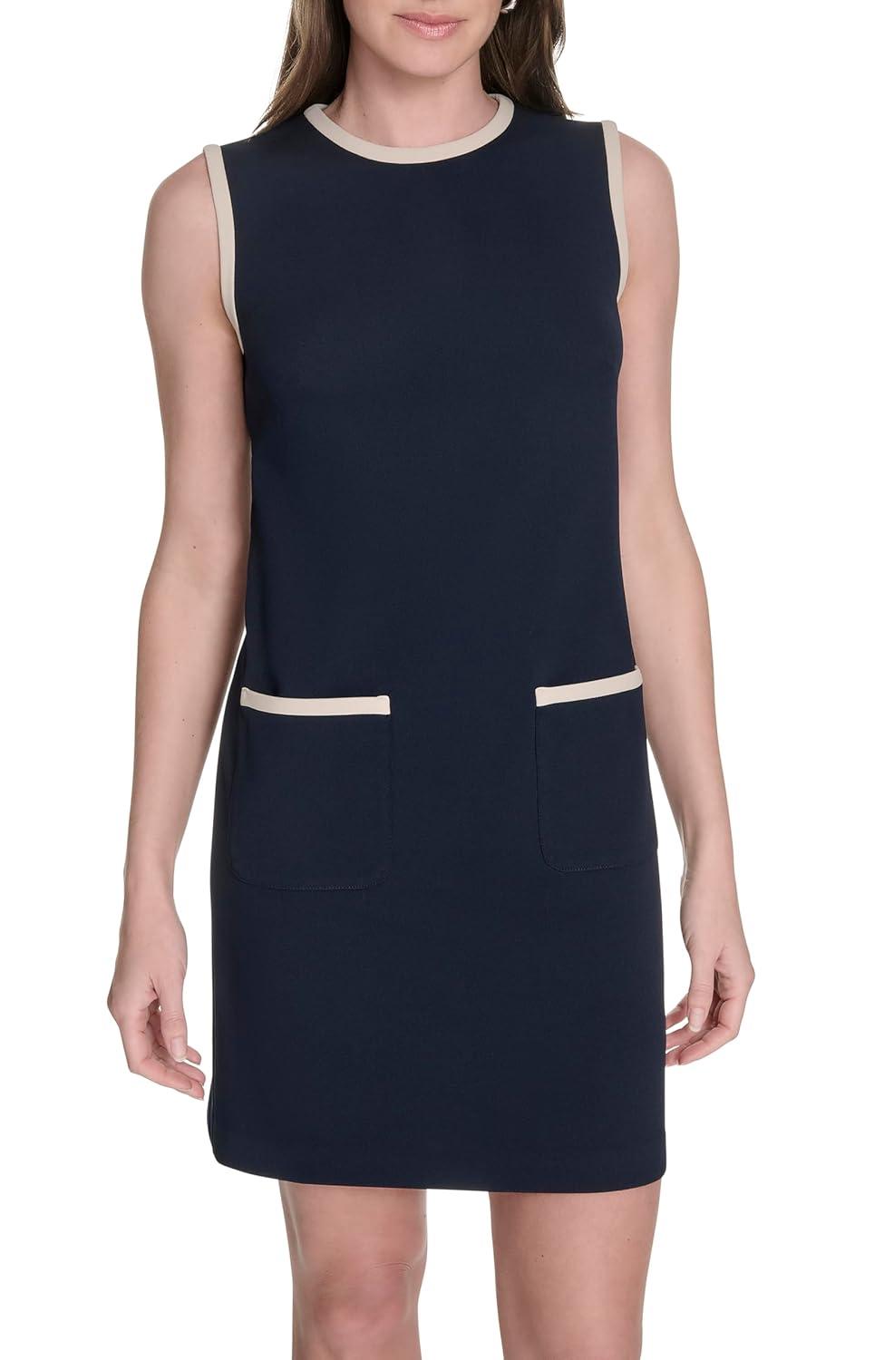 imageTommy Hilfiger Womens Sleeveless Jewel Neck Colorblock Pocket Mini Shift DressSky Captain Khaki