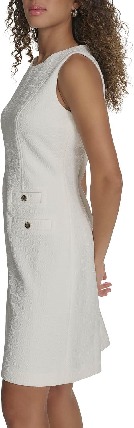 imageTommy Hilfiger Womens Sleeveless Jewel Neck Novelty Button Tweed Mini Sheath DressIvory White