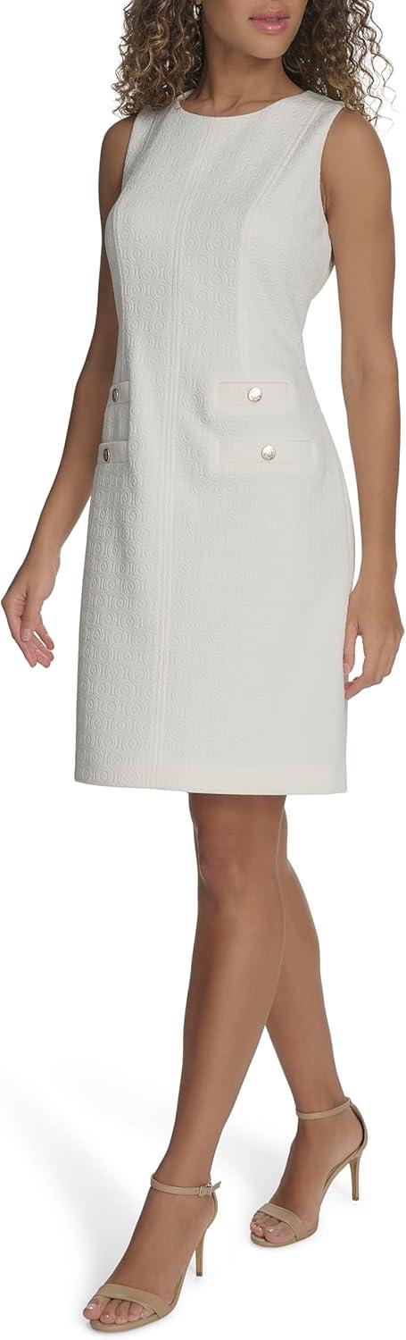 imageTommy Hilfiger Womens Sleeveless Jewel Neck Novelty Button Tweed Mini Sheath DressIvory White