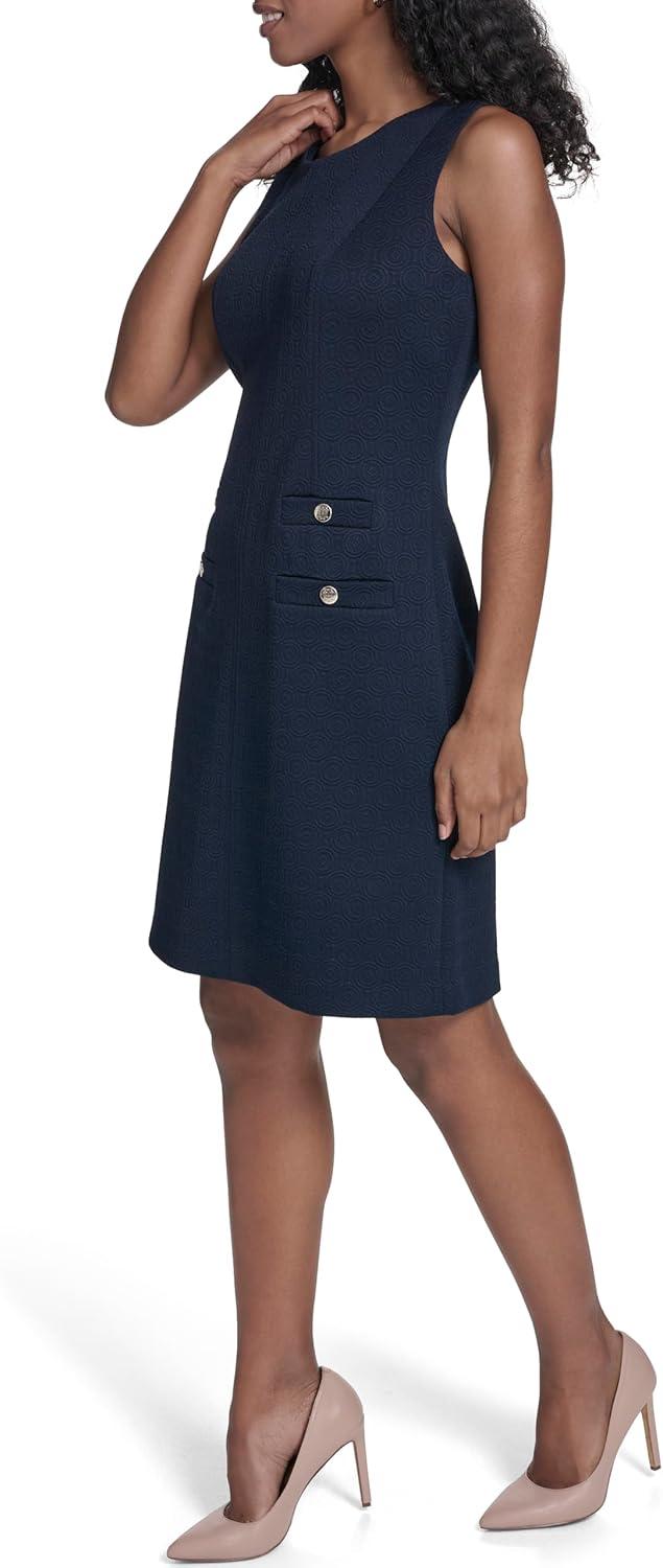 imageTommy Hilfiger Womens Sleeveless Jewel Neck Novelty Button Tweed Mini Sheath DressSky Captain