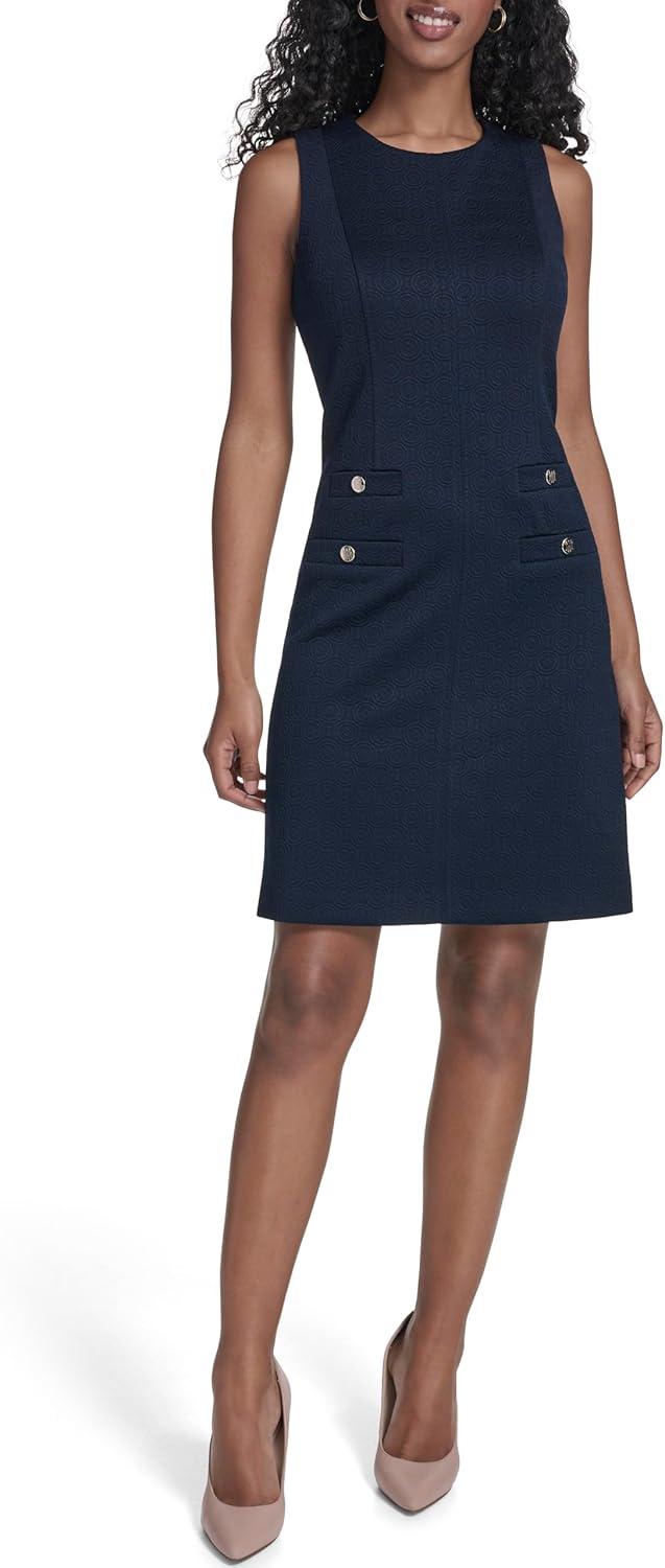 imageTommy Hilfiger Womens Sleeveless Jewel Neck Novelty Button Tweed Mini Sheath DressSky Captain