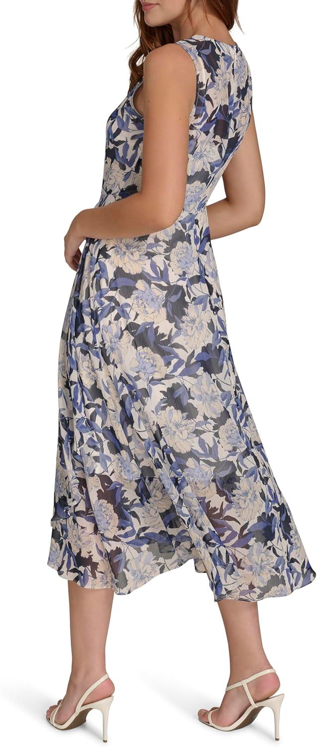 imageTommy Hilfiger Womens Sleeveless Keyhole Neck Chiffon Belted Hilo Midi DressIvory Multi