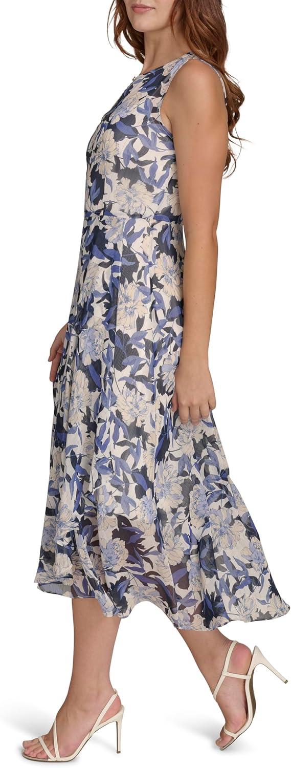 imageTommy Hilfiger Womens Sleeveless Keyhole Neck Chiffon Belted Hilo Midi DressIvory Multi