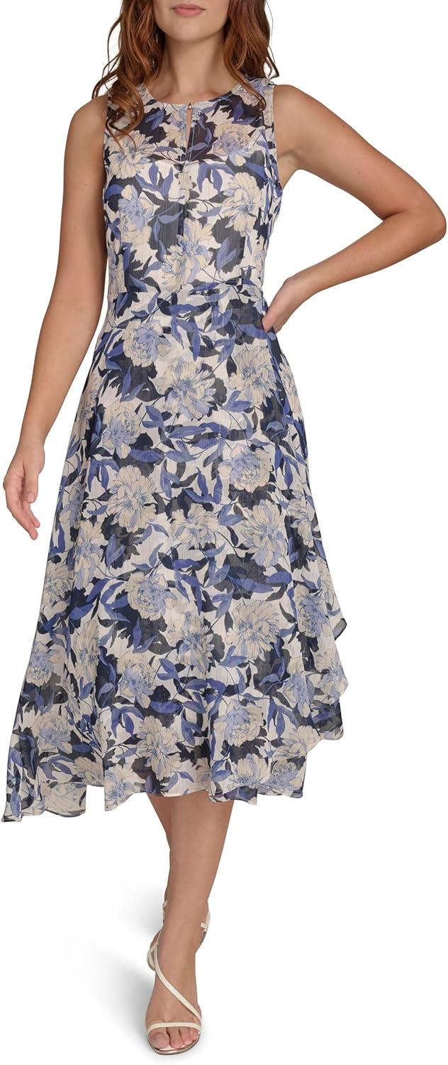 imageTommy Hilfiger Womens Sleeveless Keyhole Neck Chiffon Belted Hilo Midi DressIvory Multi