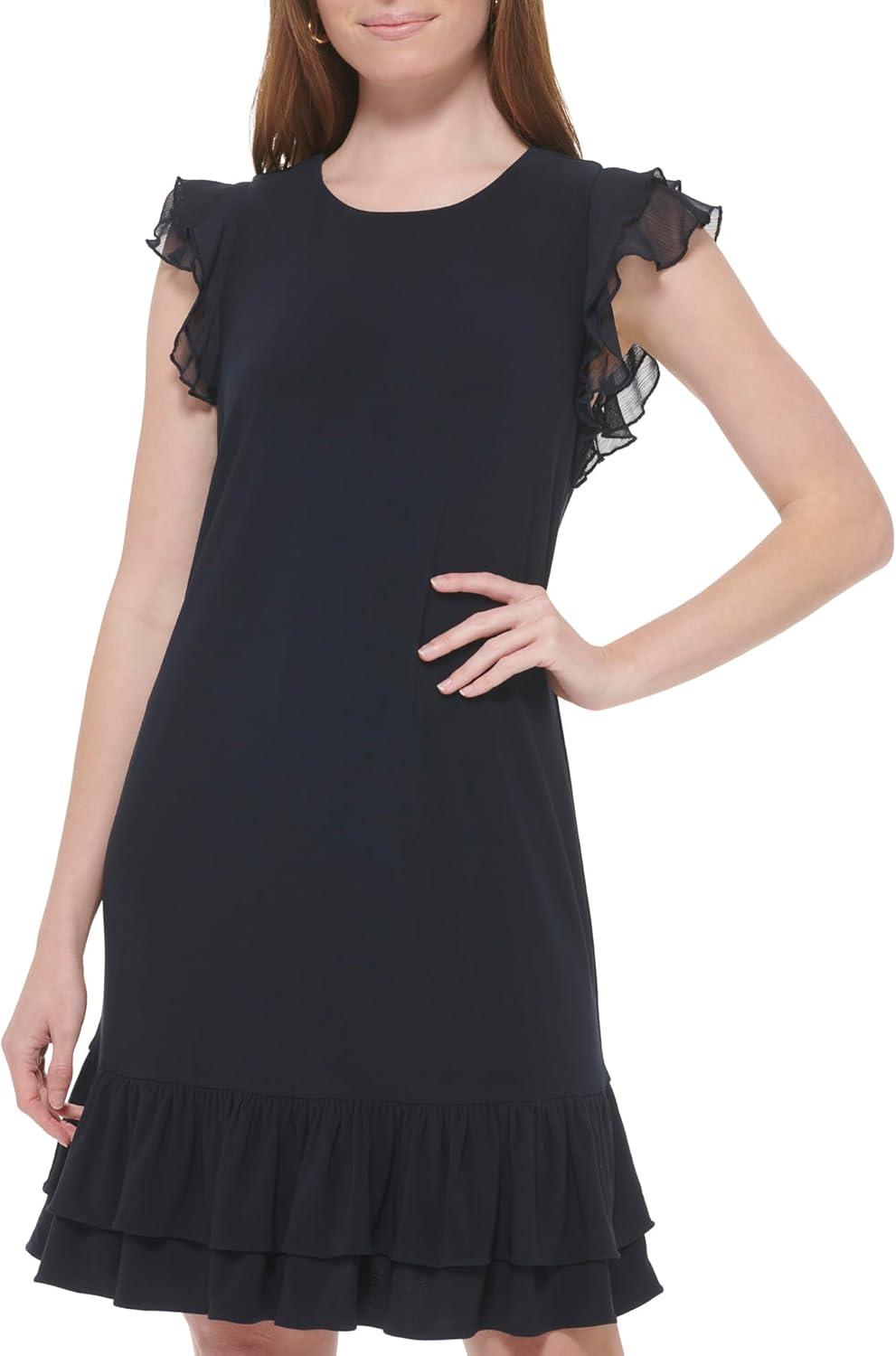 imageTommy Hilfiger Womens Sleeveless Round Neck Ruffle Trim Mini DressSky Captain