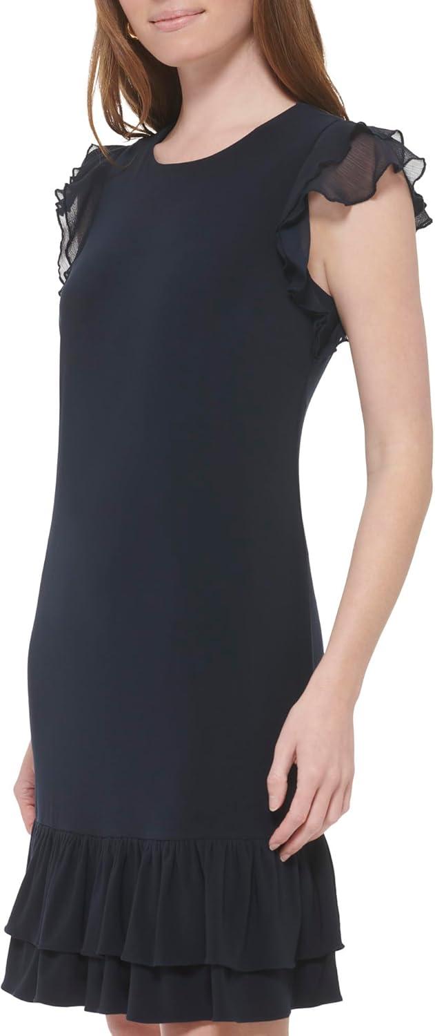 imageTommy Hilfiger Womens Sleeveless Round Neck Ruffle Trim Mini DressSky Captain