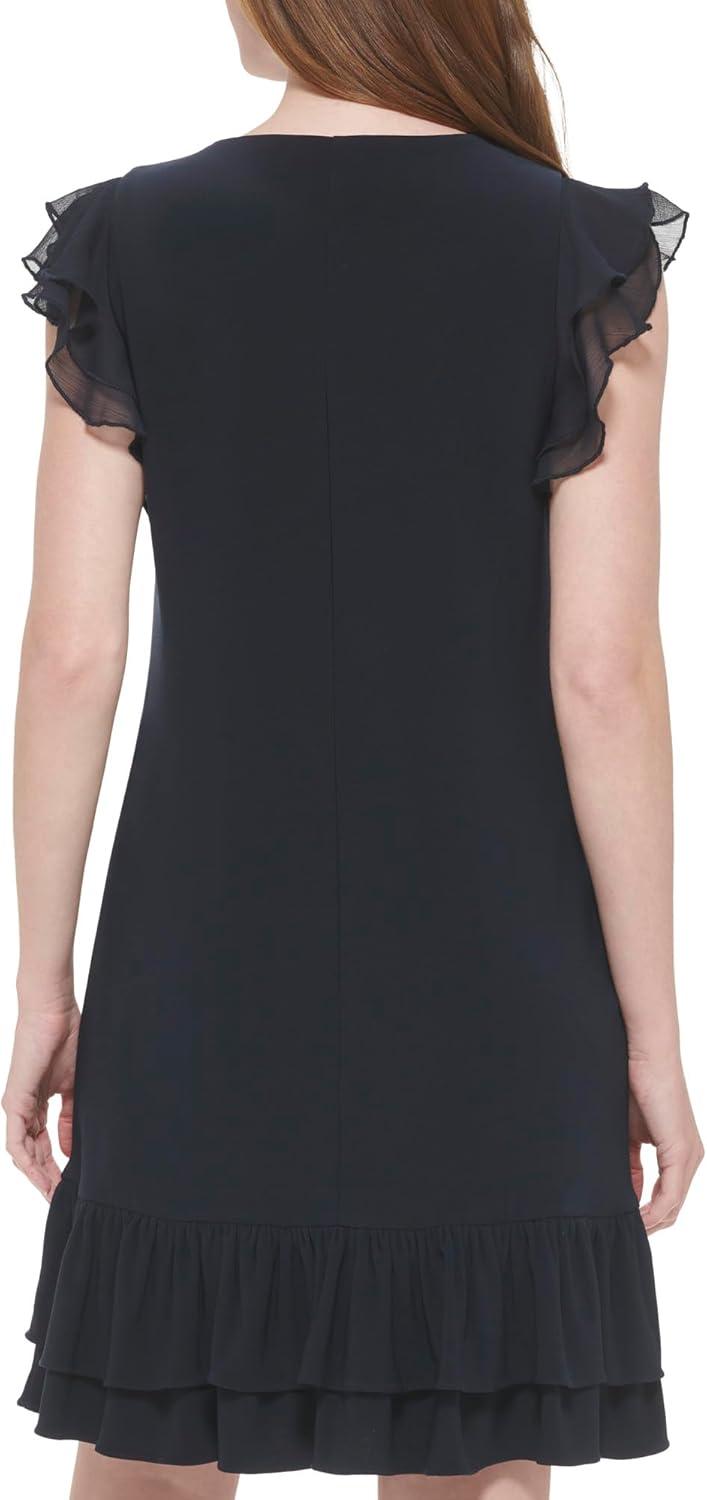 imageTommy Hilfiger Womens Sleeveless Round Neck Ruffle Trim Mini DressSky Captain