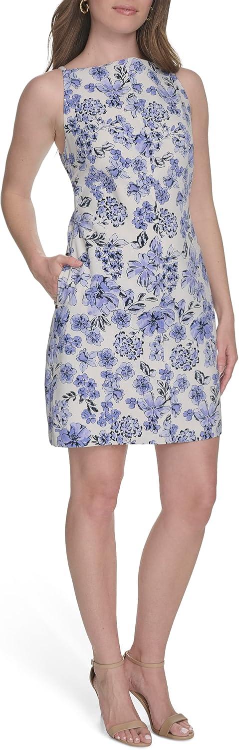 imageTommy Hilfiger Womens Sleeveless Square High Neck Shift Mini DressIvory Multi
