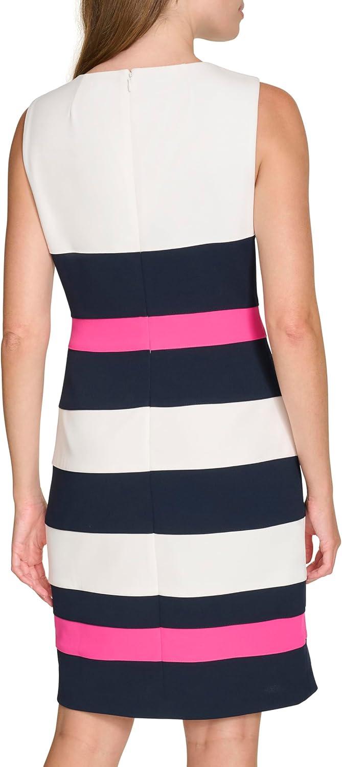 imageTommy Hilfiger Womens Sleeveless Striped Scuba Crepe Sheath Mini DressIvorySky CaptainHot Pink