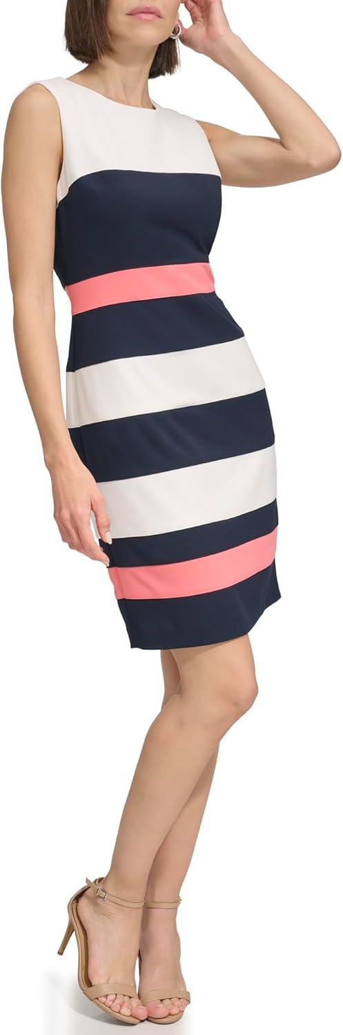 imageTommy Hilfiger Womens Sleeveless Striped Scuba Crepe Sheath Mini DressIvorySky CaptainSherbet